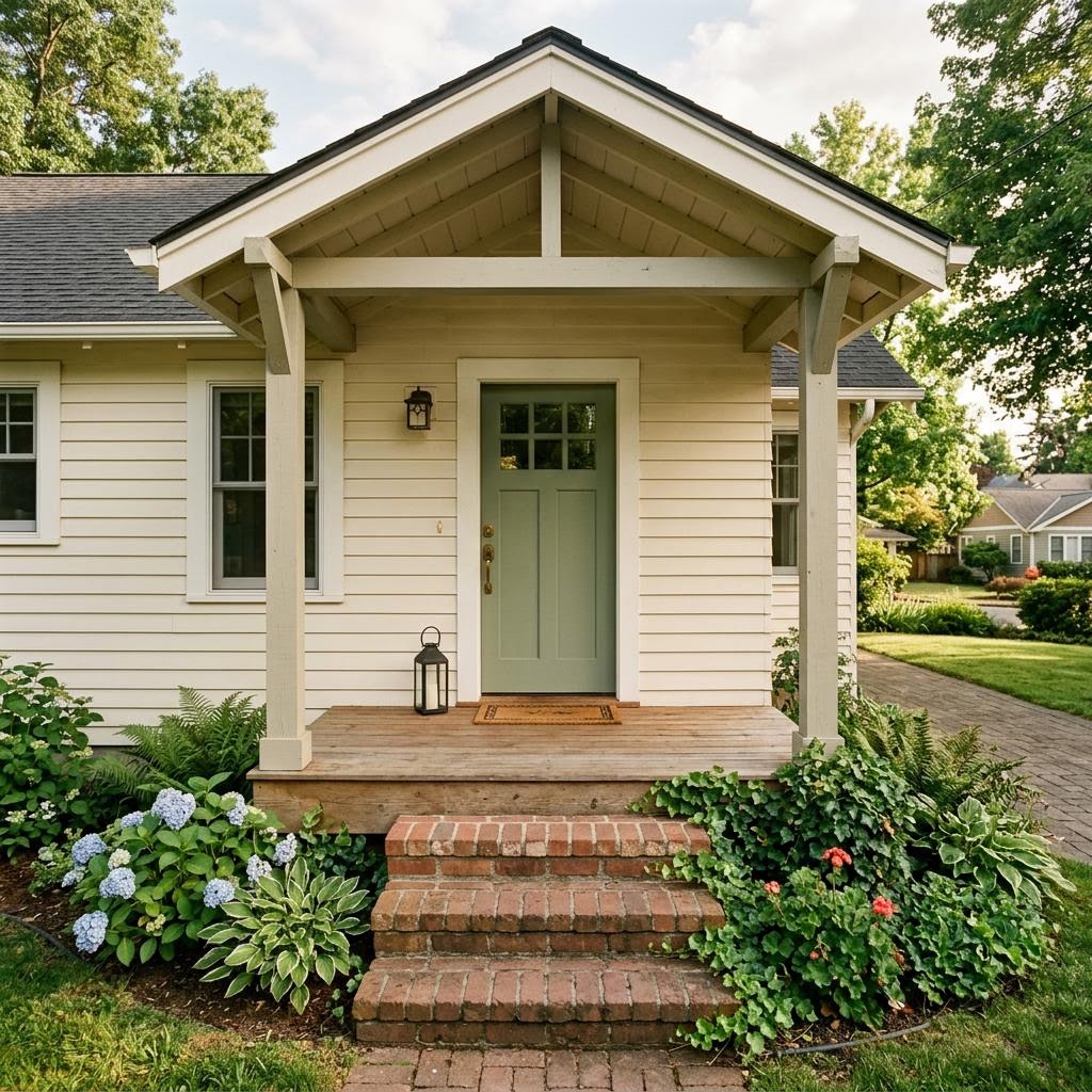 Covered front porch of a traditional cream-sided home with a sage green door