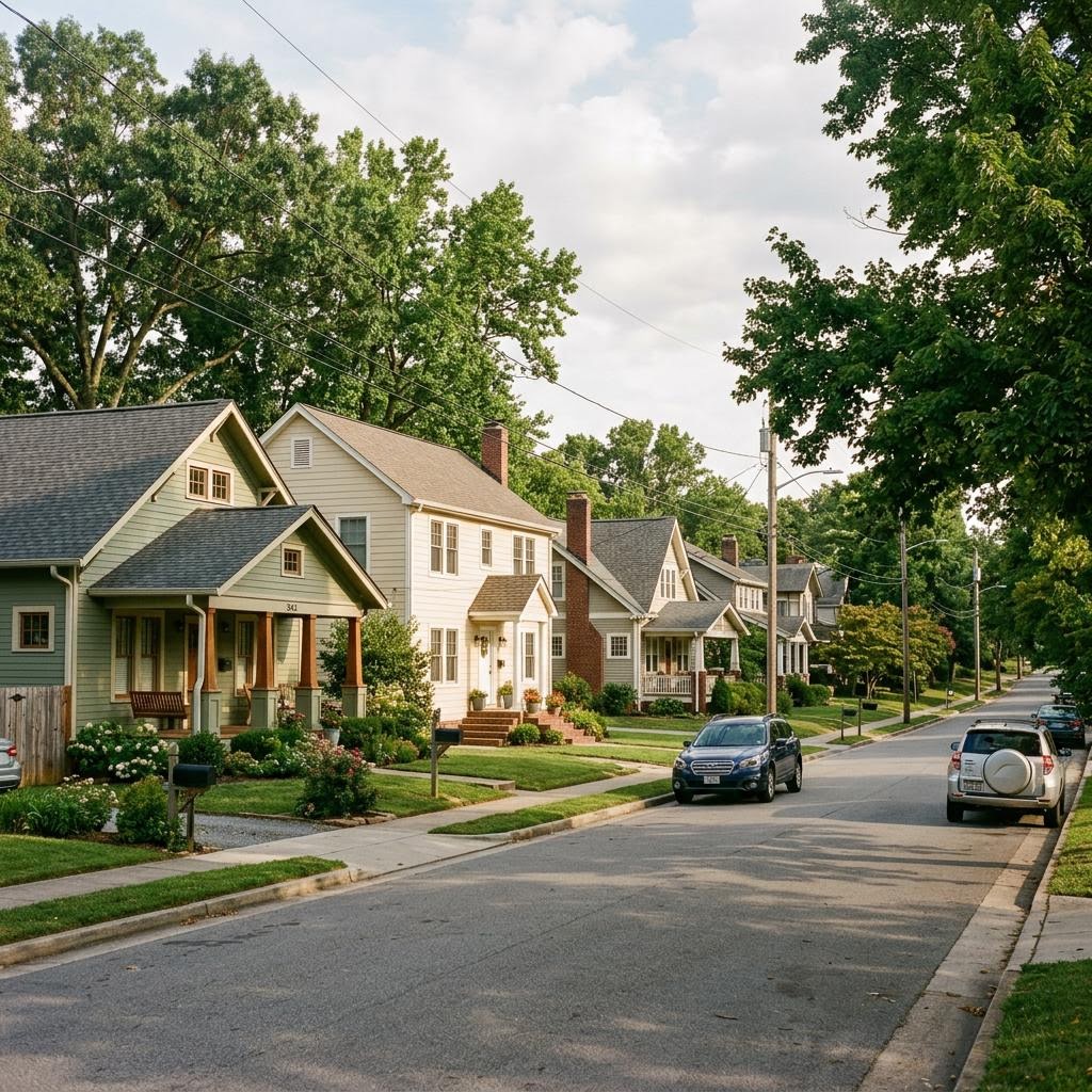 Established neighborhood of traditional family homes with front porches and mature trees