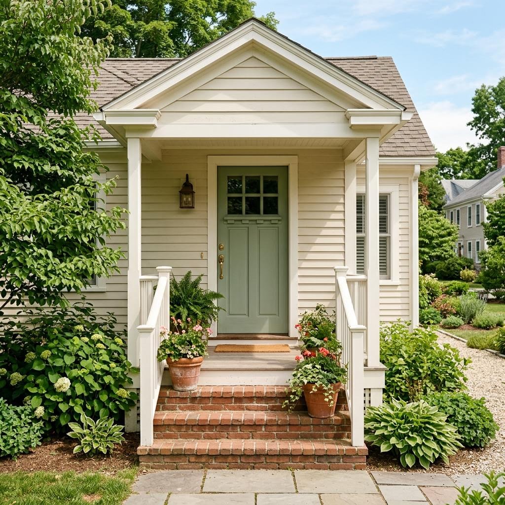 Traditional cottage entrance with a sage green door, white porch railings, and brick steps