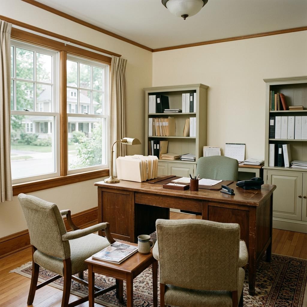 Traditional neighborhood office with a wooden desk, file folders, and upholstered visitor chairs