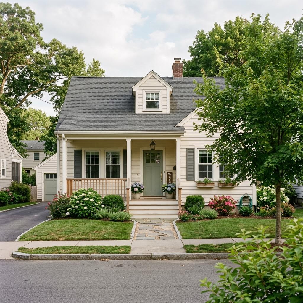 Traditional cream-sided family home with a covered front porch and green lawn