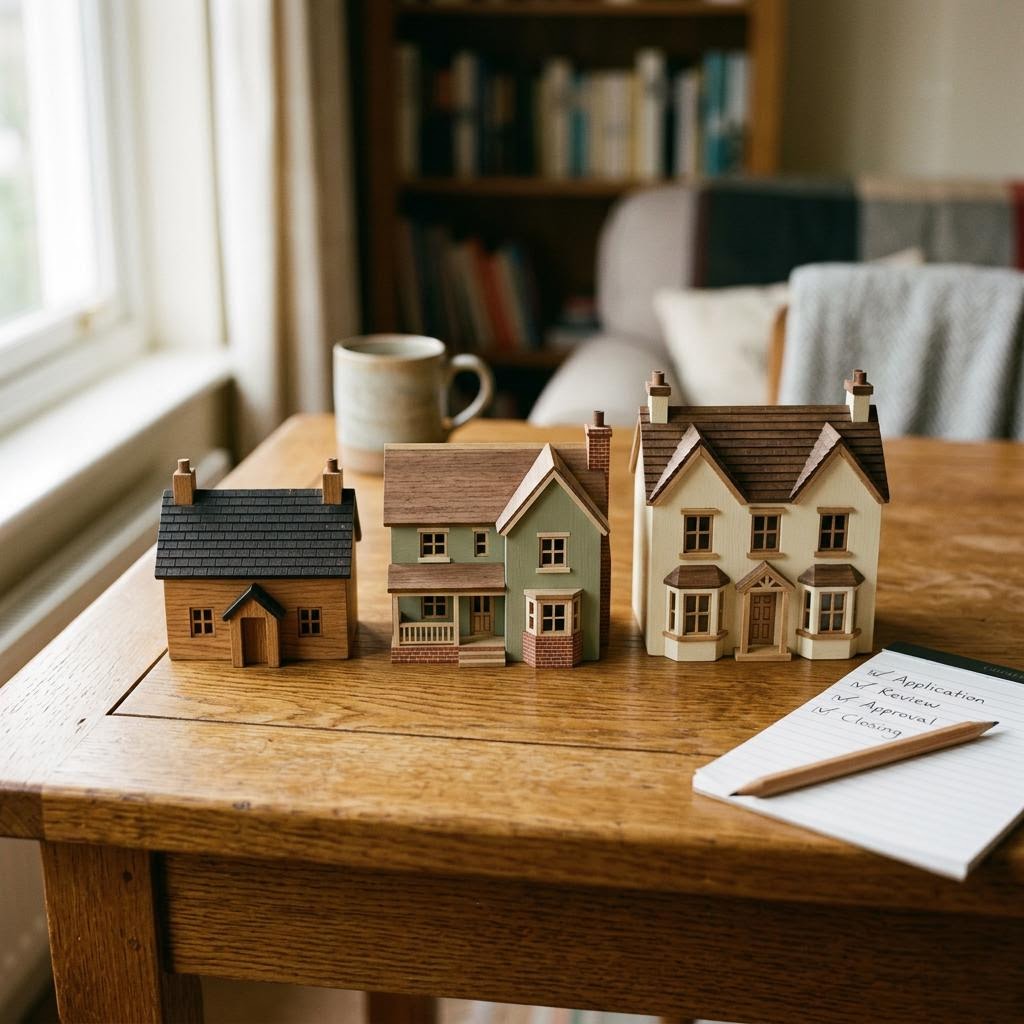 Three traditional wooden house models beside a checklist on an oak desk